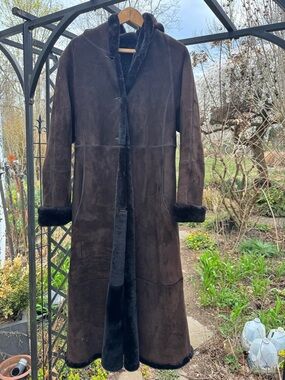 Searle Dark Brown Long Shearling Trench Coat with Hood